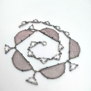 H&H Sterling Silver 925 Czech Frosted Lavender & Clear Glass Necklace Art Deco